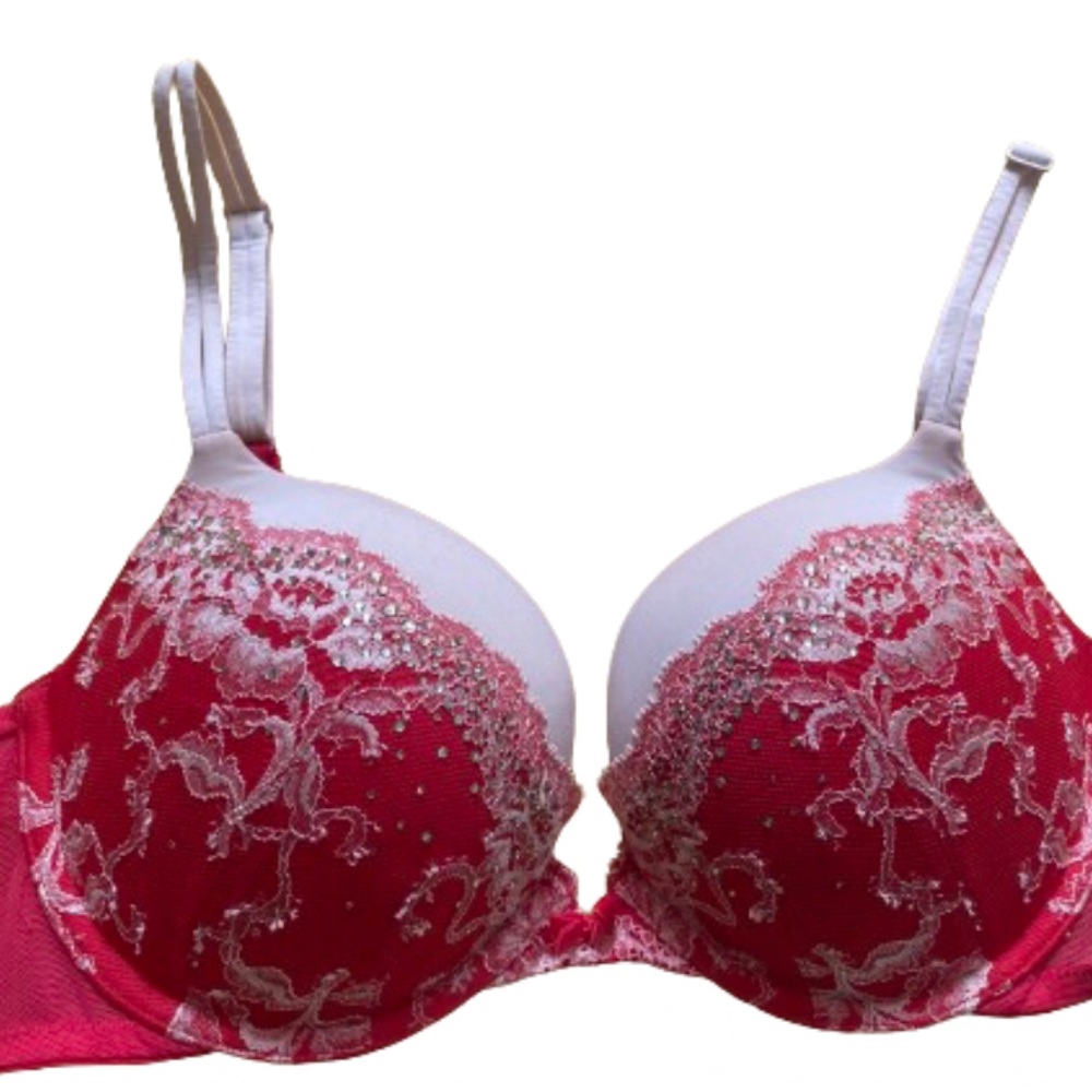 Very Sexy Plunge Push Up Bra Red Laced Jeweled Bra
